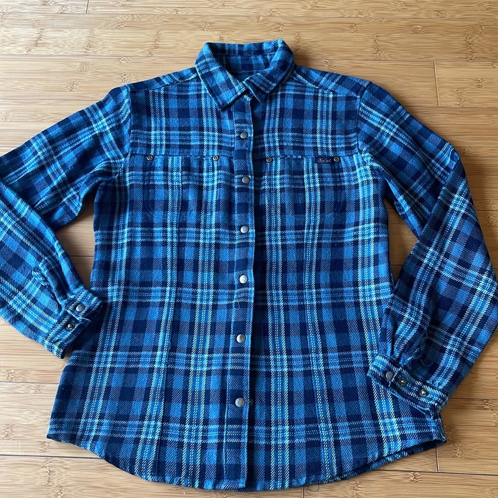 Woolrich Women Sz Small Fleece Button Down Shirt Plaid Blue Pockets